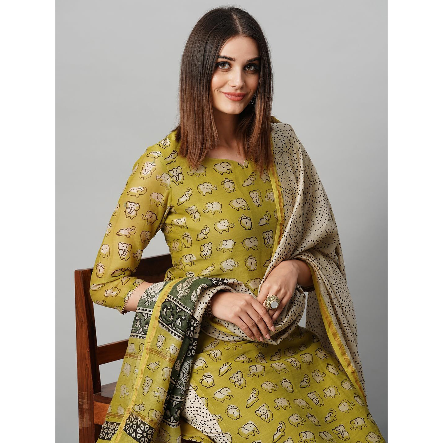 ANNI DESIGNER Women's Cotton Blend Straight Printed Kurta with Pant & Dupatta (Stamp Green_XXL_Green_XX-Large)