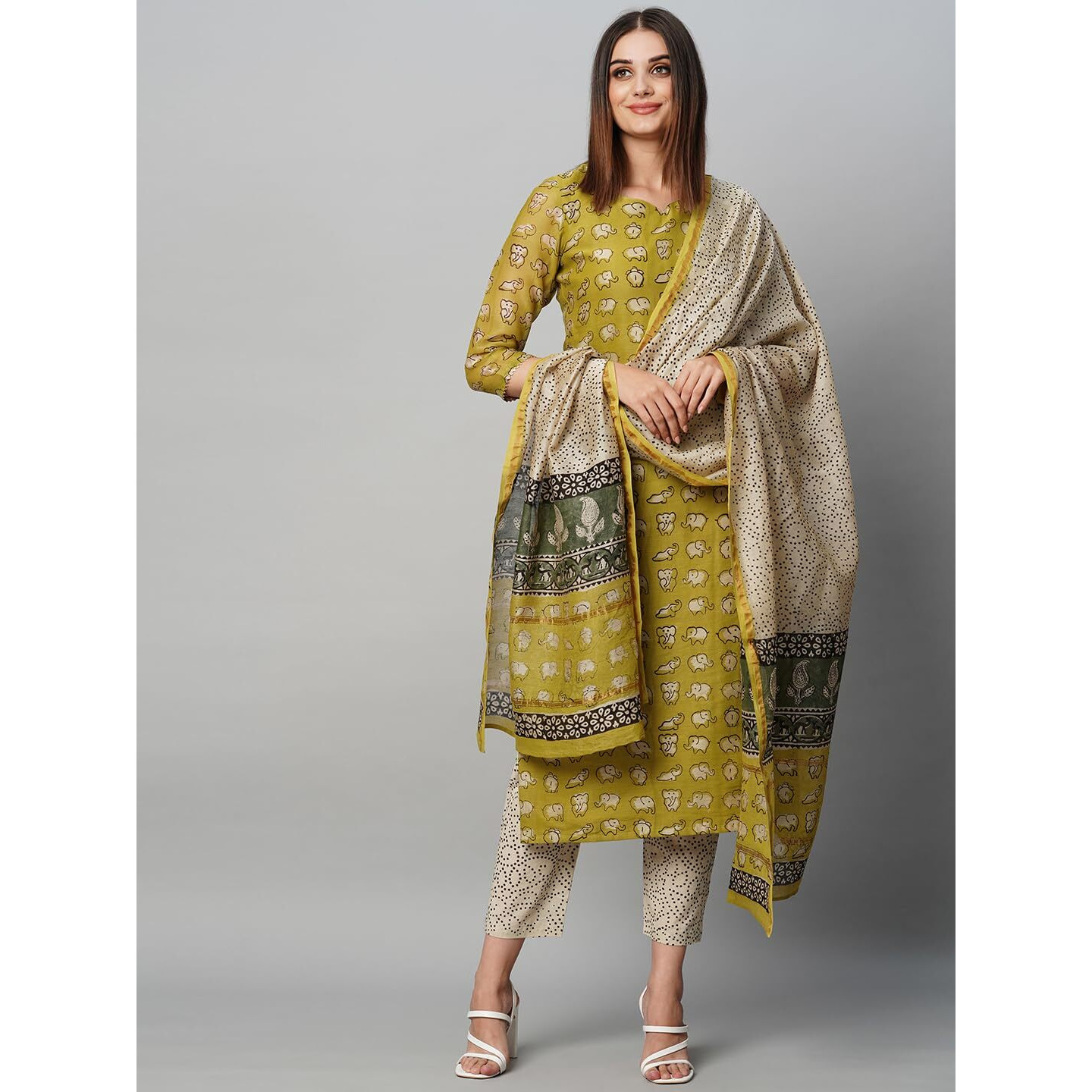 ANNI DESIGNER Women's Cotton Blend Straight Printed Kurta with Pant & Dupatta (Stamp Green_XXL_Green_XX-Large)