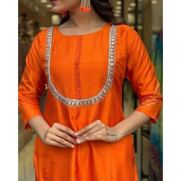 LookMark Women's Silk Blend Kurta Pant with Jacquard Dupatta Set and Khatali Work Suitable for Every Indian Occasion (AZ-LM-OG-KS2177 Orange-XXL)