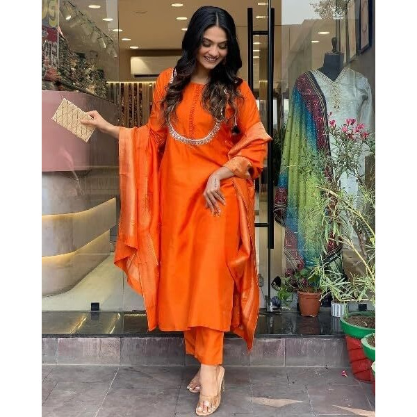 LookMark Women's Silk Blend Kurta Pant with Jacquard Dupatta Set and Khatali Work Suitable for Every Indian Occasion (AZ-LM-OG-KS2177 Orange-XXL)