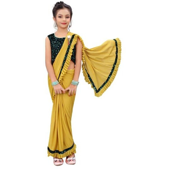 Dhyey fashion Girls Lycra Blend Ruffle Pattern Saree With Velvet Unstitched Blouse Piece