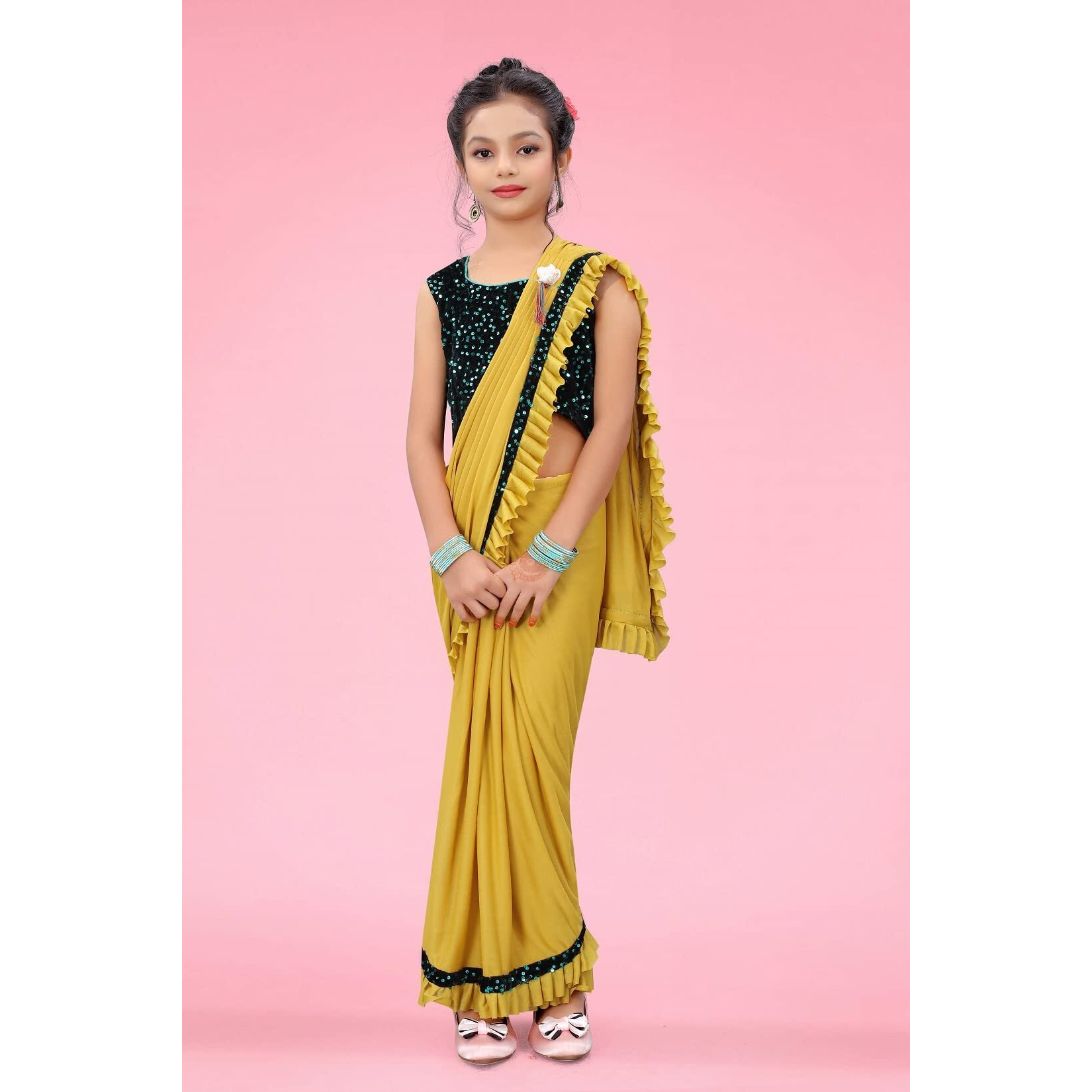 Dhyey fashion Girls Lycra Blend Ruffle Pattern Saree With Velvet Unstitched Blouse Piece