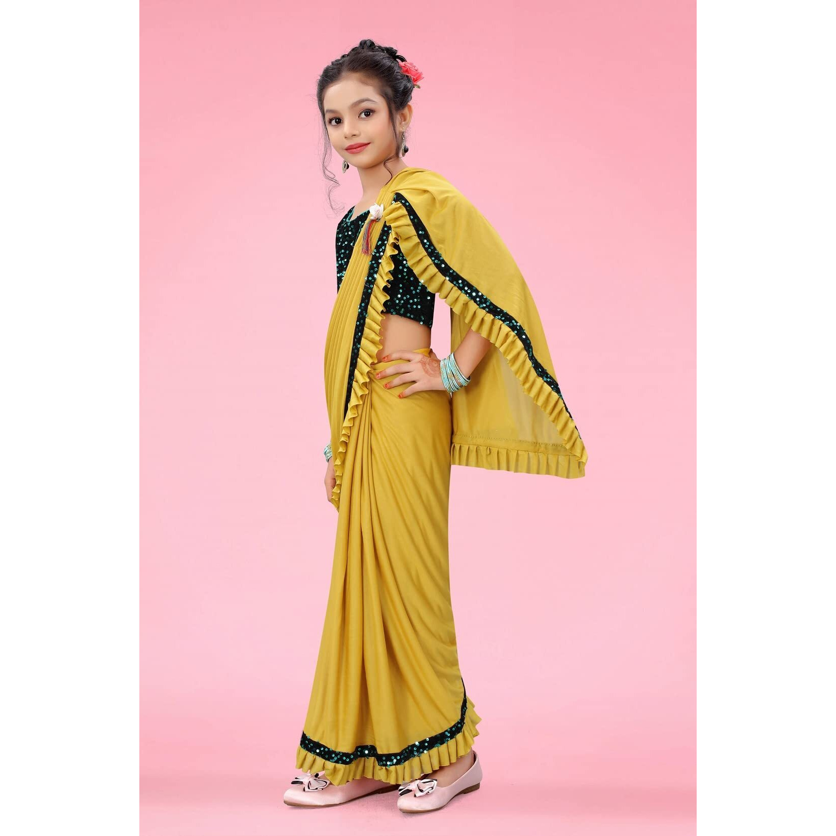 Dhyey fashion Girls Lycra Blend Ruffle Pattern Saree With Velvet Unstitched Blouse Piece