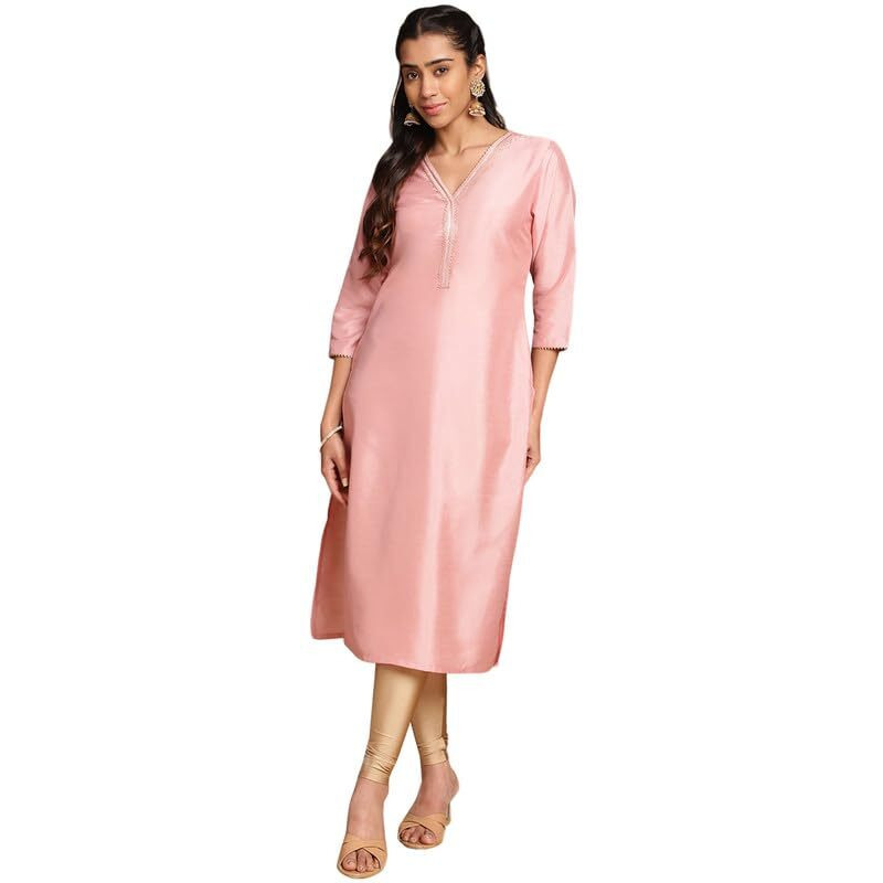 Janasya Women's Pink Crepe Silk Solid Straight Kurta (JAC24KR00095-J-XS)