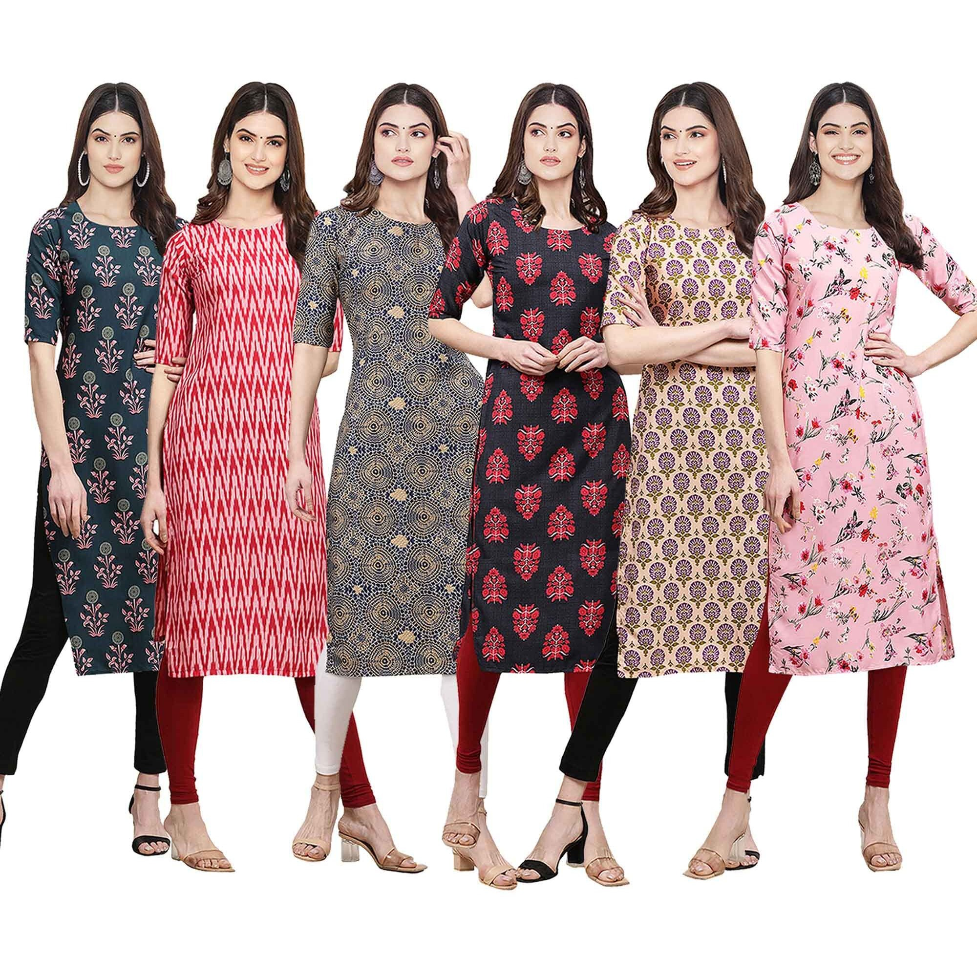 Pinkmint Women's Crepe Digital Print Straight Kurta [Pack of 6] (CKE-335-328-341-345-332-339-XL)