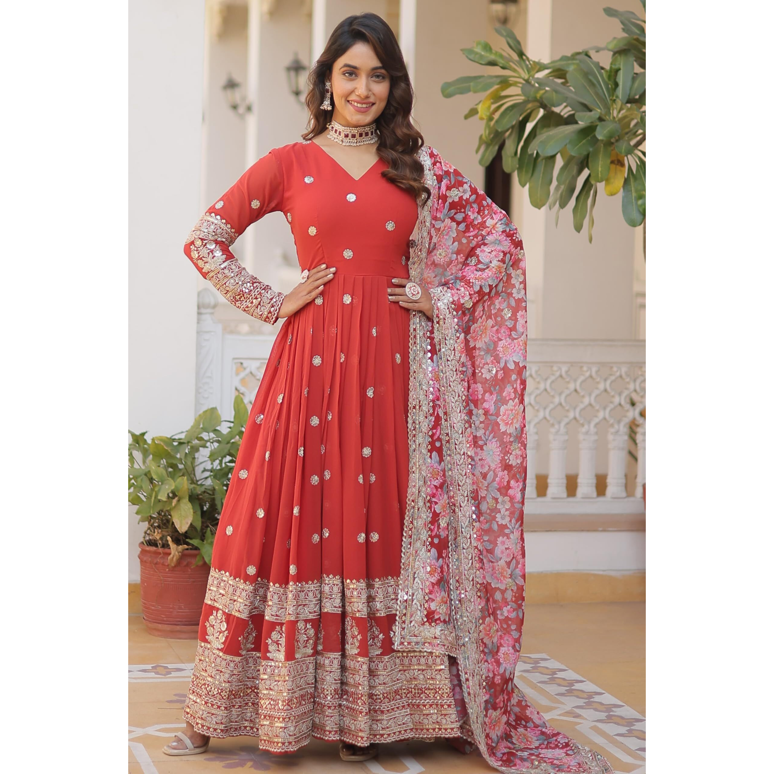 Wedani Faux Georgette Embroidered Work Anarkali Kurta Set for Women (IN, Alpha, 2XL, Regular, RED)