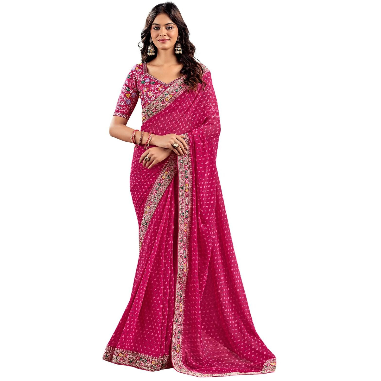 Satrani Women's Georgette Sequence Embroidery Lace & Bandhani Printed Saree with Unstitched Blouse Piece (4115S901N_Rani Pink)