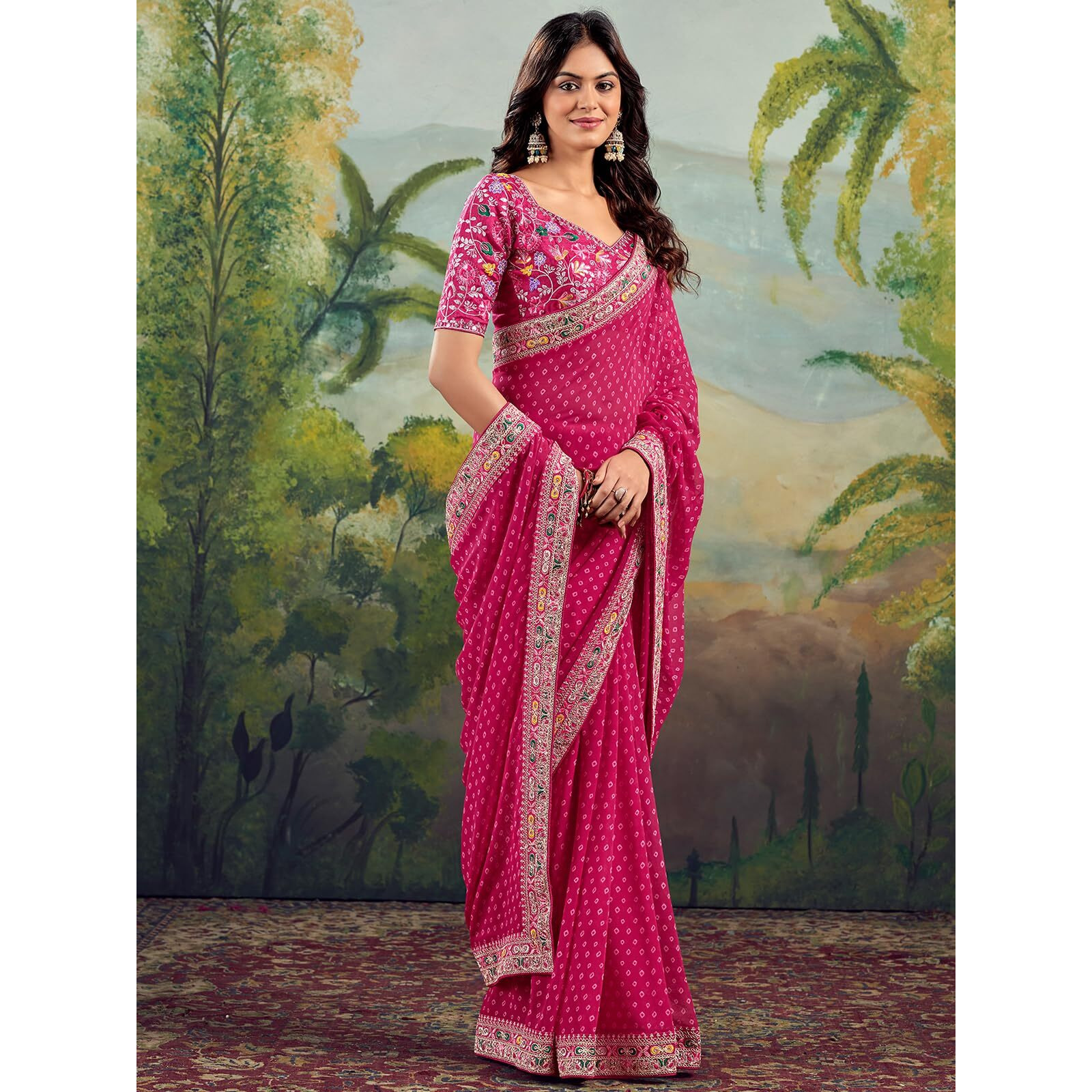 Satrani Women's Georgette Sequence Embroidery Lace & Bandhani Printed Saree with Unstitched Blouse Piece (4115S901N_Rani Pink)