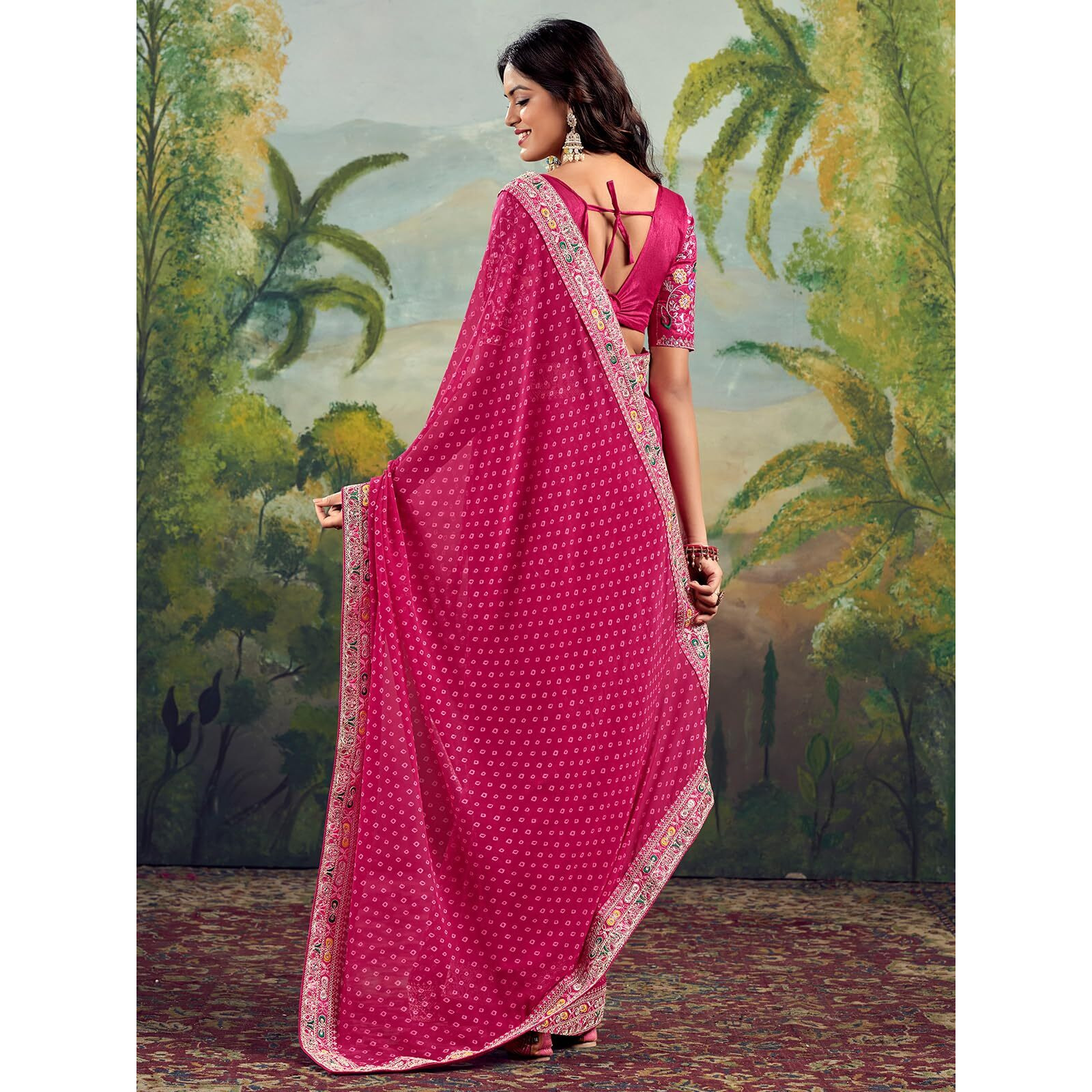 Satrani Women's Georgette Sequence Embroidery Lace & Bandhani Printed Saree with Unstitched Blouse Piece (4115S901N_Rani Pink)