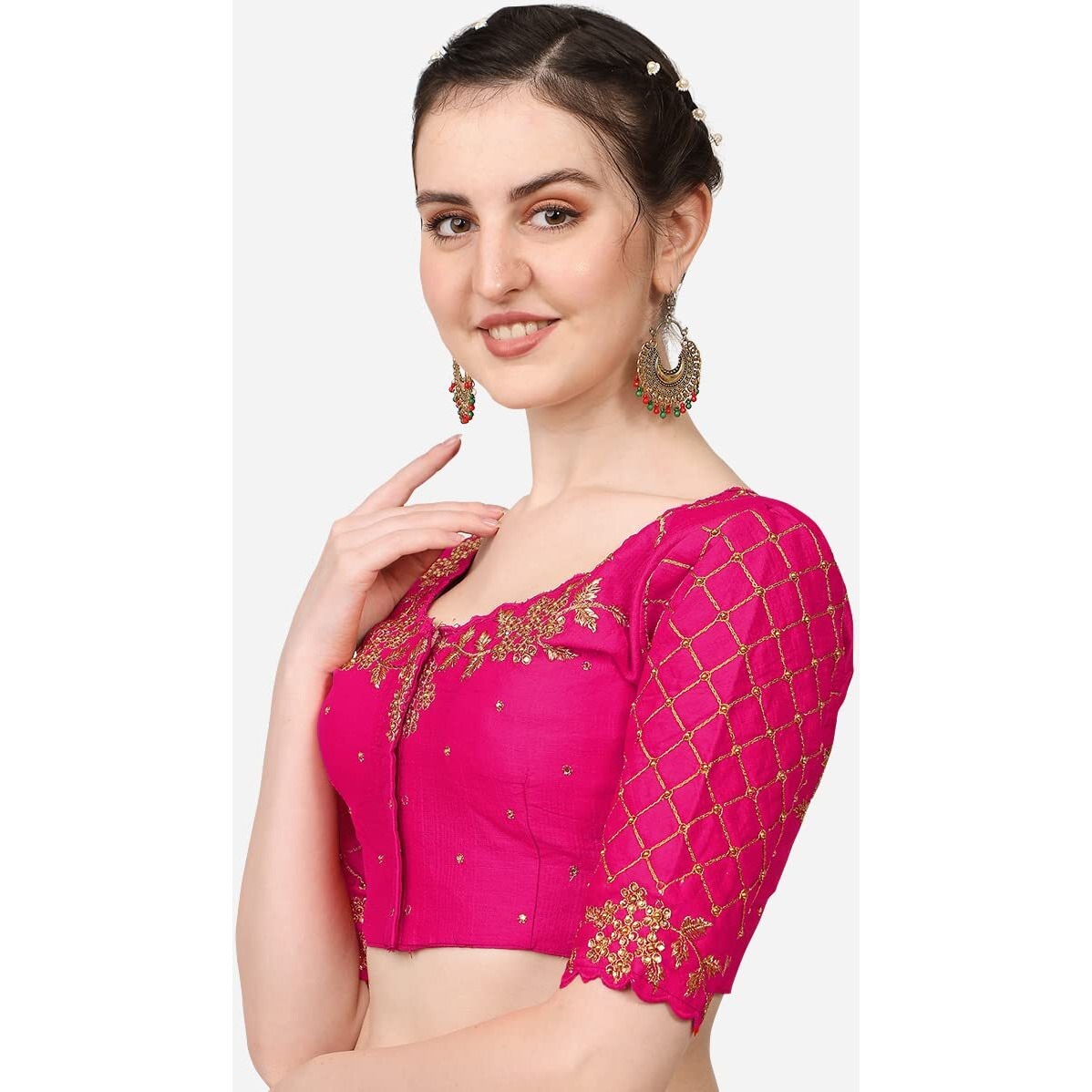 Vihu Fashion Women's Phantom Silk Half Sleeve Embroidery Handwork, Rough Cut Work Stone Work Readymade Blouse
