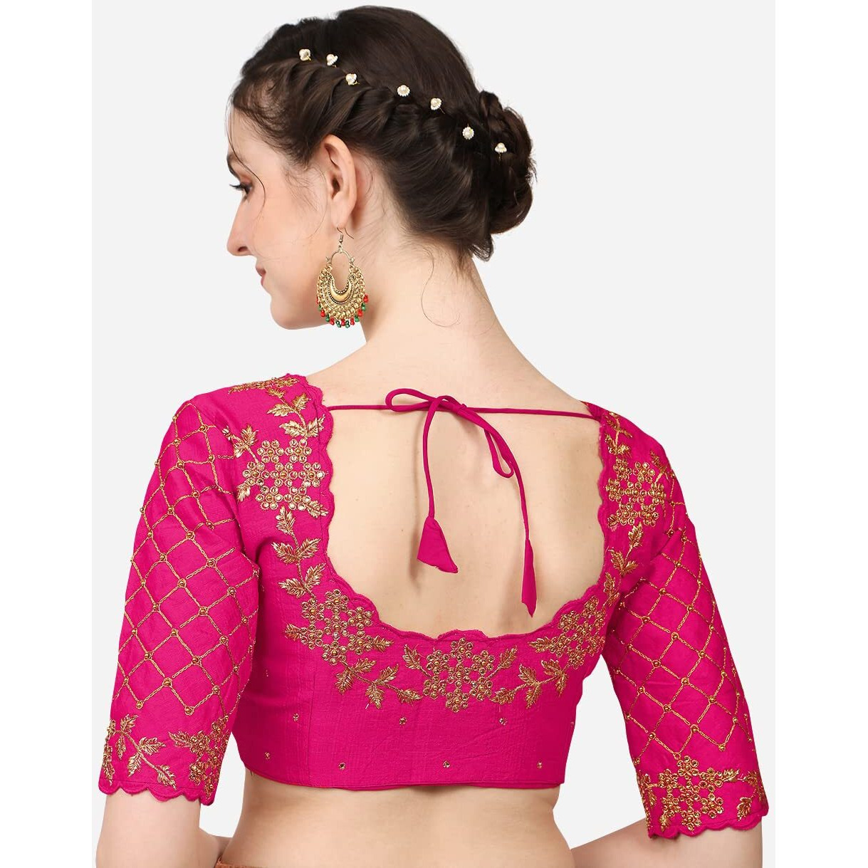 Vihu Fashion Women's Phantom Silk Half Sleeve Embroidery Handwork, Rough Cut Work Stone Work Readymade Blouse