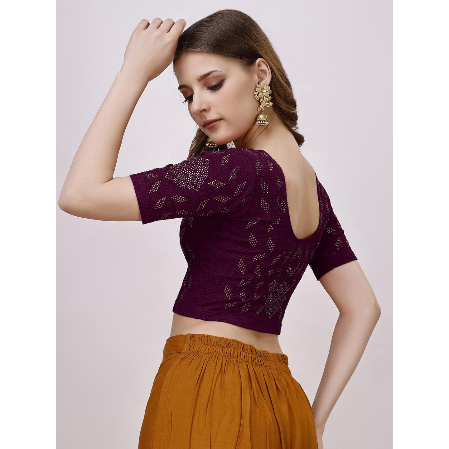 Vihu Fashion Women's Readymade Hosiery Lycra Stretchable Round Neck Half Sleeve Blouse with swaroski Work Fancy Lycra Stretchable Wine Blouse for Women Readymade Saree Blouse