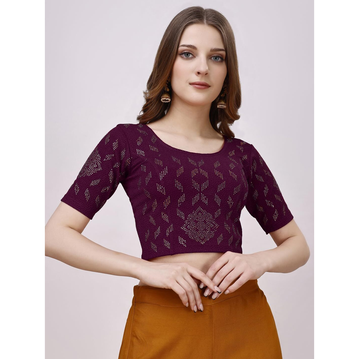 Vihu Fashion Women's Readymade Hosiery Lycra Stretchable Round Neck Half Sleeve Blouse with swaroski Work Fancy Lycra Stretchable Wine Blouse for Women Readymade Saree Blouse