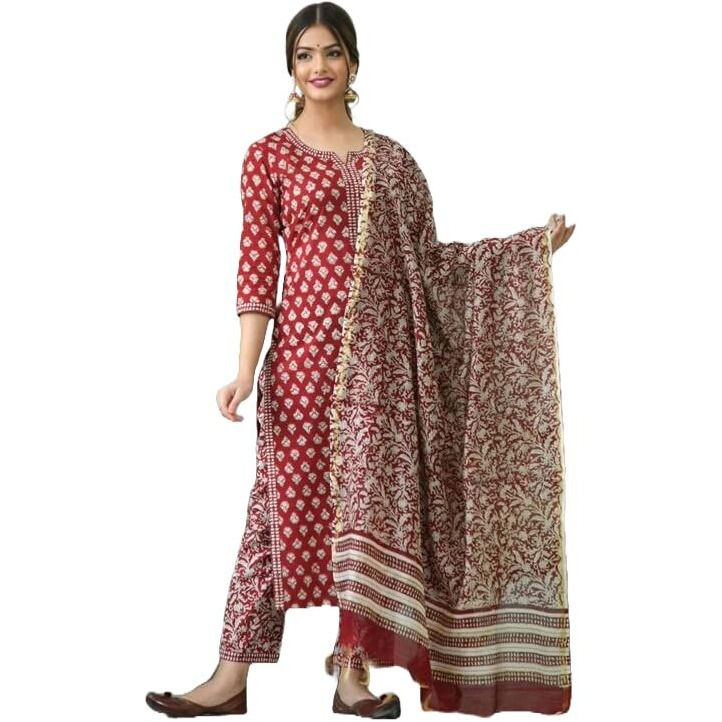 KLOSIA Women Printed Kurta and Pant Set with Dupatta (X-Large) Maroon