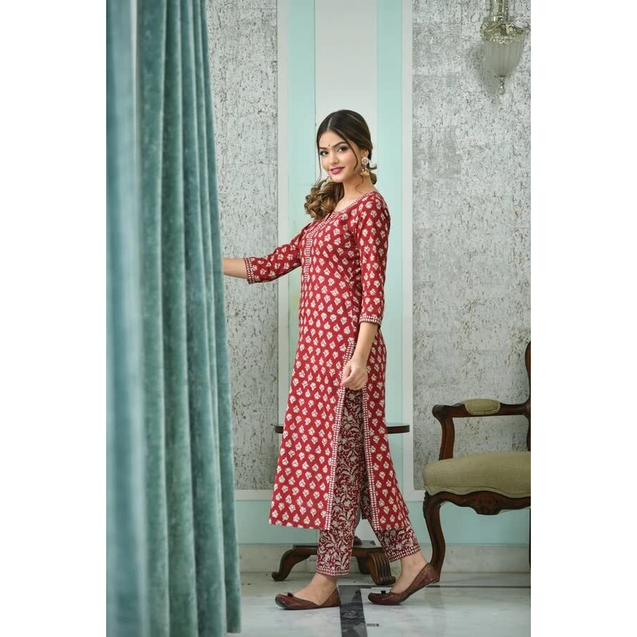 KLOSIA Women Printed Kurta and Pant Set with Dupatta (X-Large) Maroon