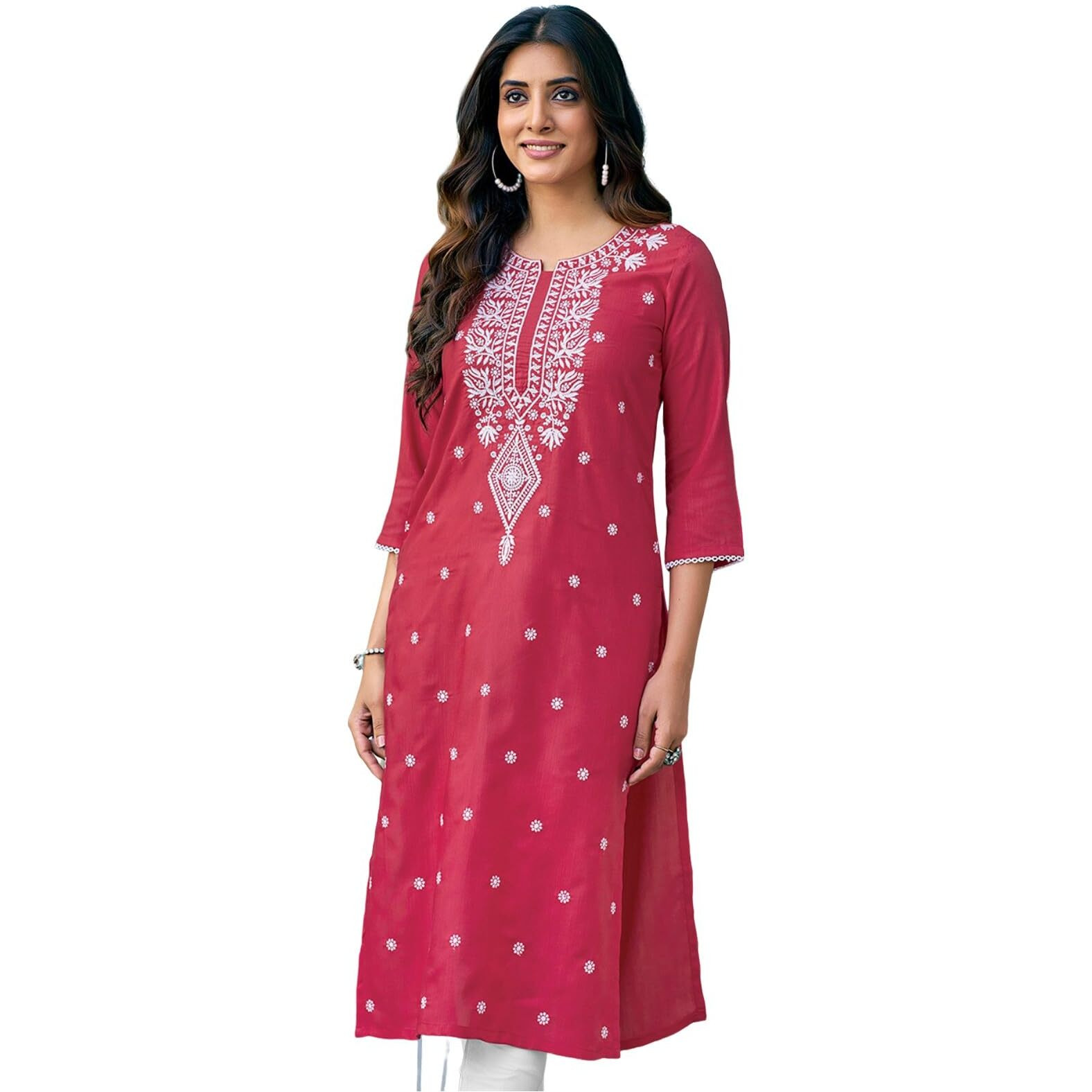 Sanisa Women's Cotton Blend Chikankari Embroidery Straight Kurti (475K10032N-XXL_Dark Pink)