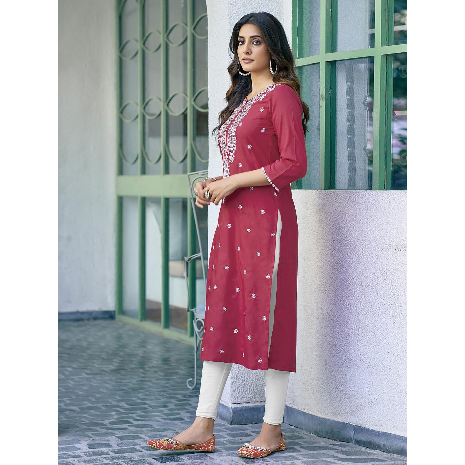 Sanisa Women's Cotton Blend Chikankari Embroidery Straight Kurti (475K10032N-XXL_Dark Pink)