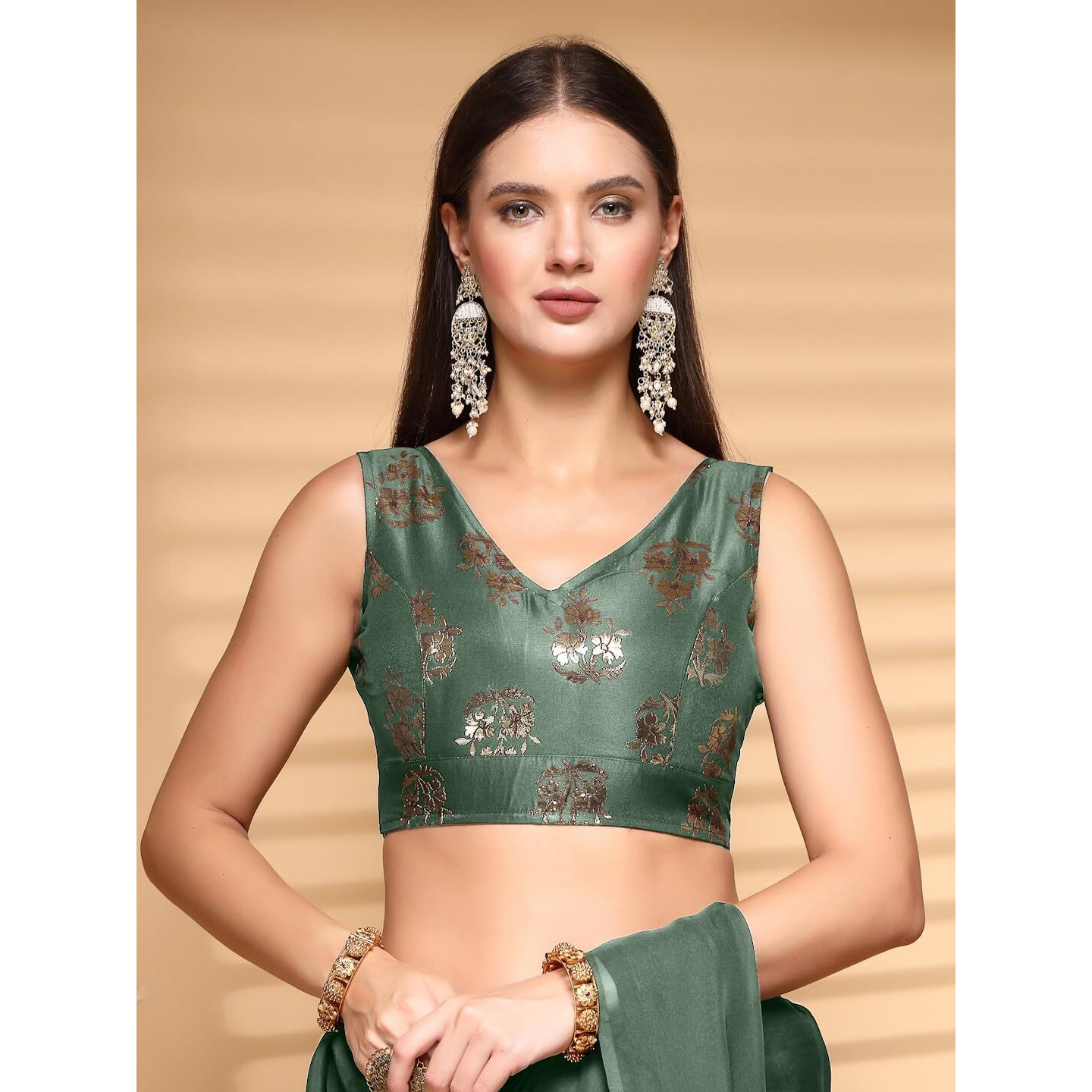 OOMPH Readymade Blouse for Women, Brocade, Sleeveless, V-Neck, rbbl679