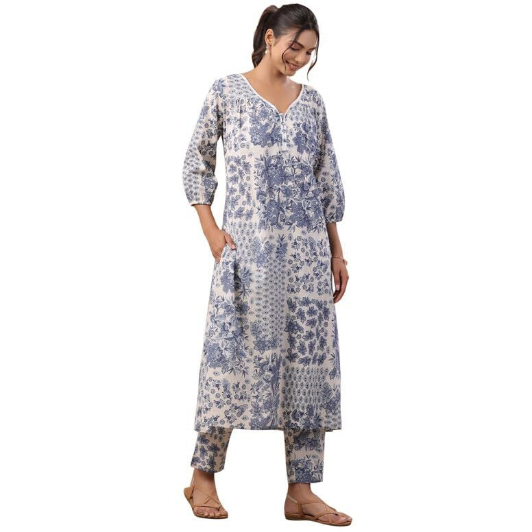 Janasya Women's Off White Cotton Tropical Regular Kurta Set (JAA24ST00264-XS)