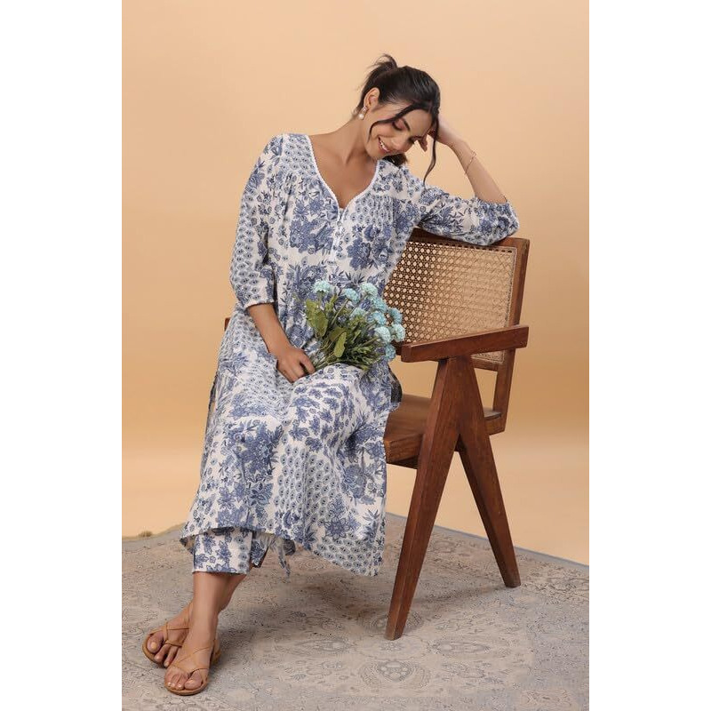 Janasya Women's Off White Cotton Tropical Regular Kurta Set (JAA24ST00264-XS)