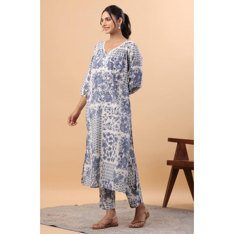 Janasya Women's Off White Cotton Tropical Regular Kurta Set (JAA24ST00264-XS)