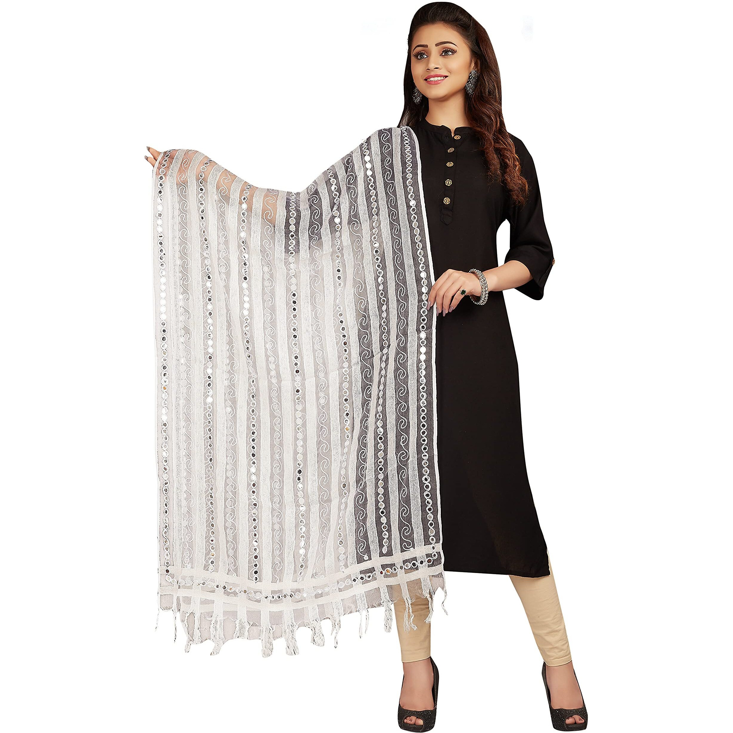 RANI SAAHIBA Women's Mirror Work Embroidered Tissue Organza Dupatta (SKRDD2074_White)