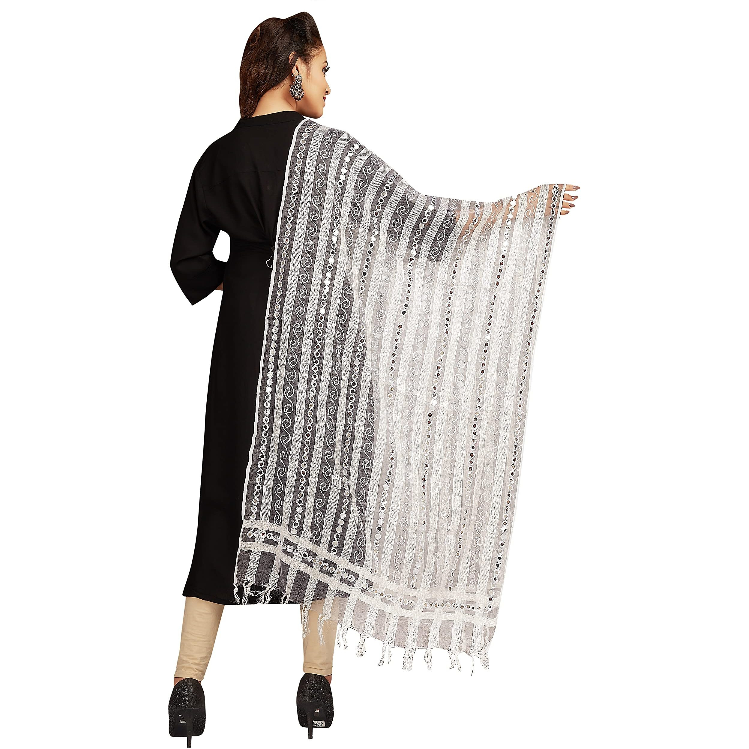 RANI SAAHIBA Women's Mirror Work Embroidered Tissue Organza Dupatta (SKRDD2074_White)