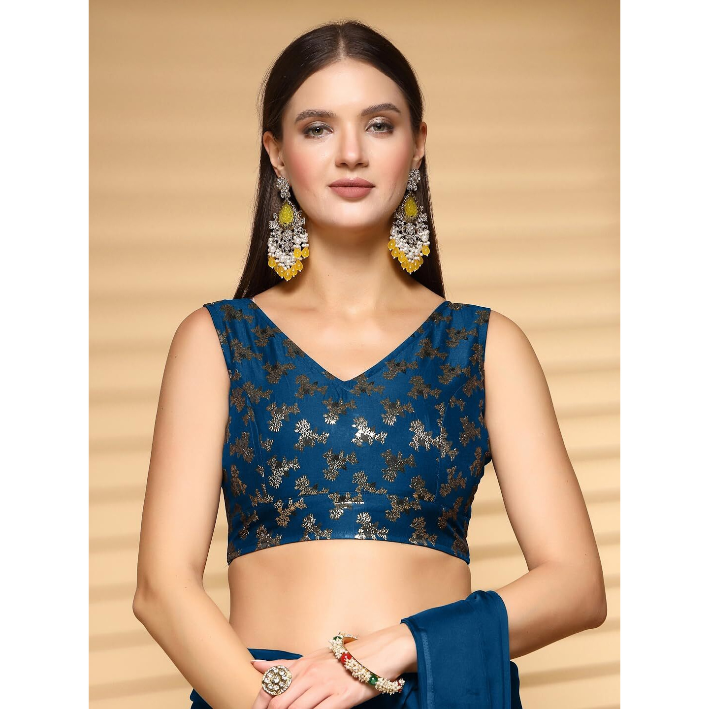 OOMPH Readymade Blouse for Women, Brocade, Sleeveless, V-Neck, rbbl657