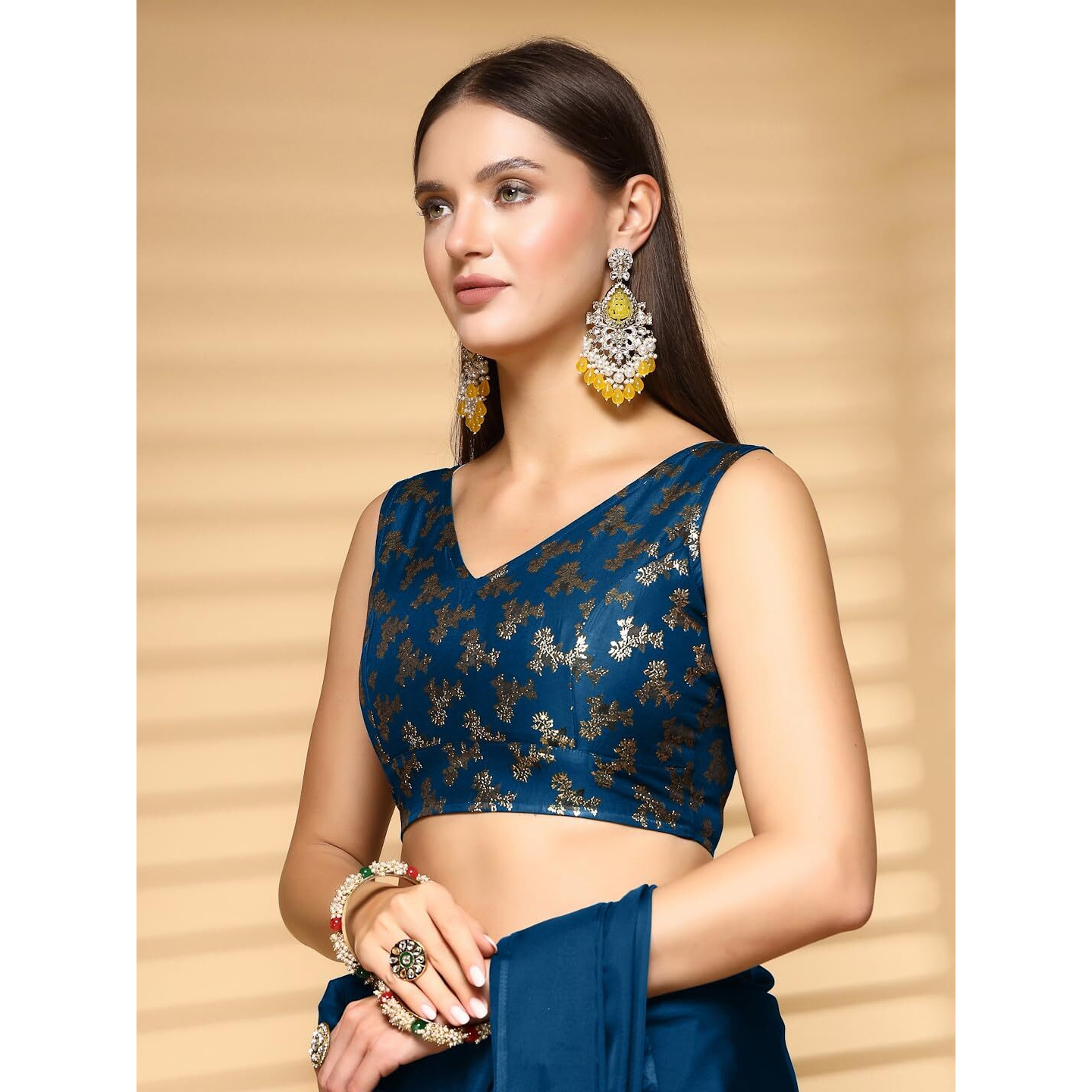 OOMPH Readymade Blouse for Women, Brocade, Sleeveless, V-Neck, rbbl657