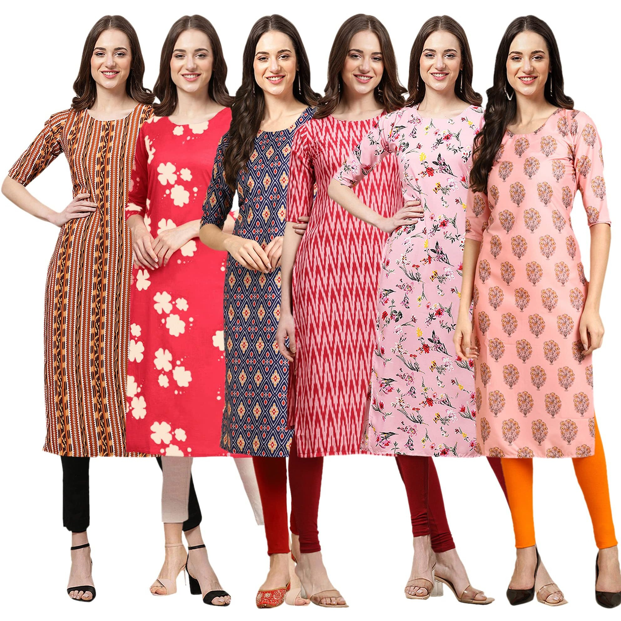 Pinkmint Women's Crepe Digital Print Straight Kurta(Pack of 6)[QV-344-380-358-328-339-368-XL]