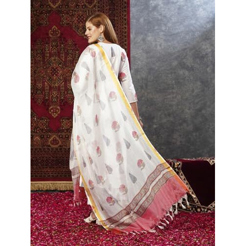 ANNI DESIGNER Women's Cotton Blend Straight Printed Kurta with Pant & Dupatta (Nairiti White-JL_S_White_Small)