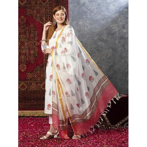ANNI DESIGNER Women's Cotton Blend Straight Printed Kurta with Pant & Dupatta (Nairiti White-JL_S_White_Small)