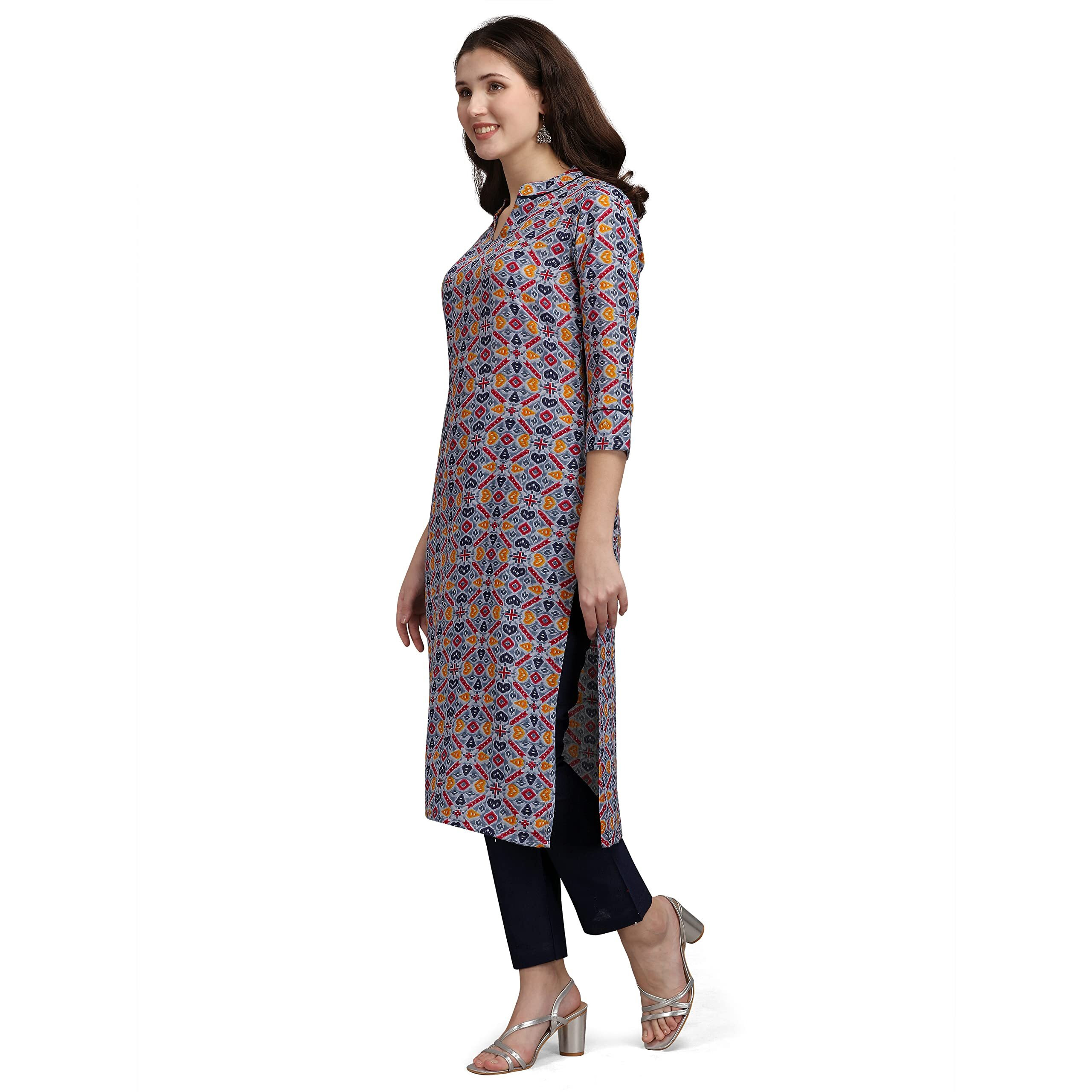 NAINVISH Women's Cotton Blend Straight V-Neck Printed Kurta (SD198_K-M_Blue)