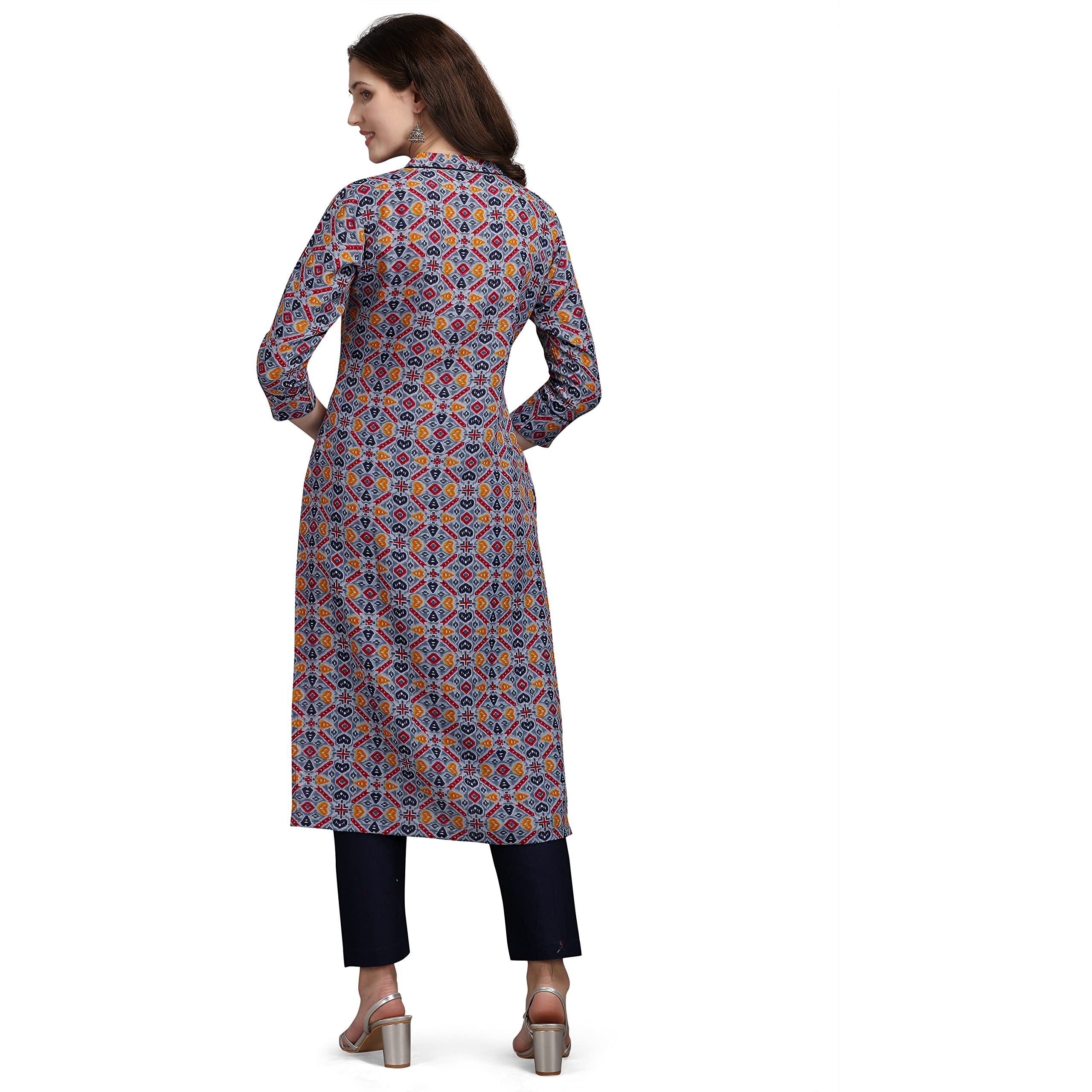NAINVISH Women's Cotton Blend Straight V-Neck Printed Kurta (SD198_K-M_Blue)