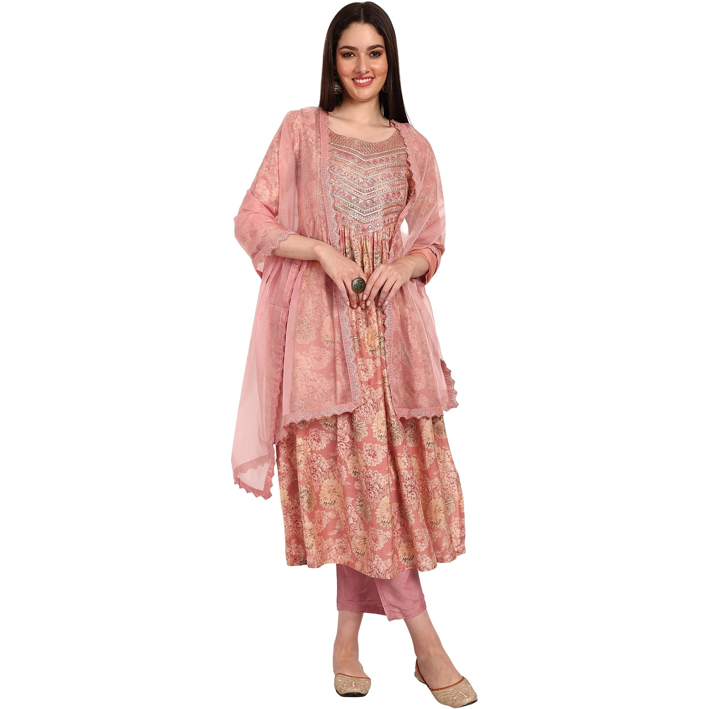 Naixa Women's Peach Chanderi Embroidered and Printed A-Line Kurta with Pant and Laced Organza Dupatta Set