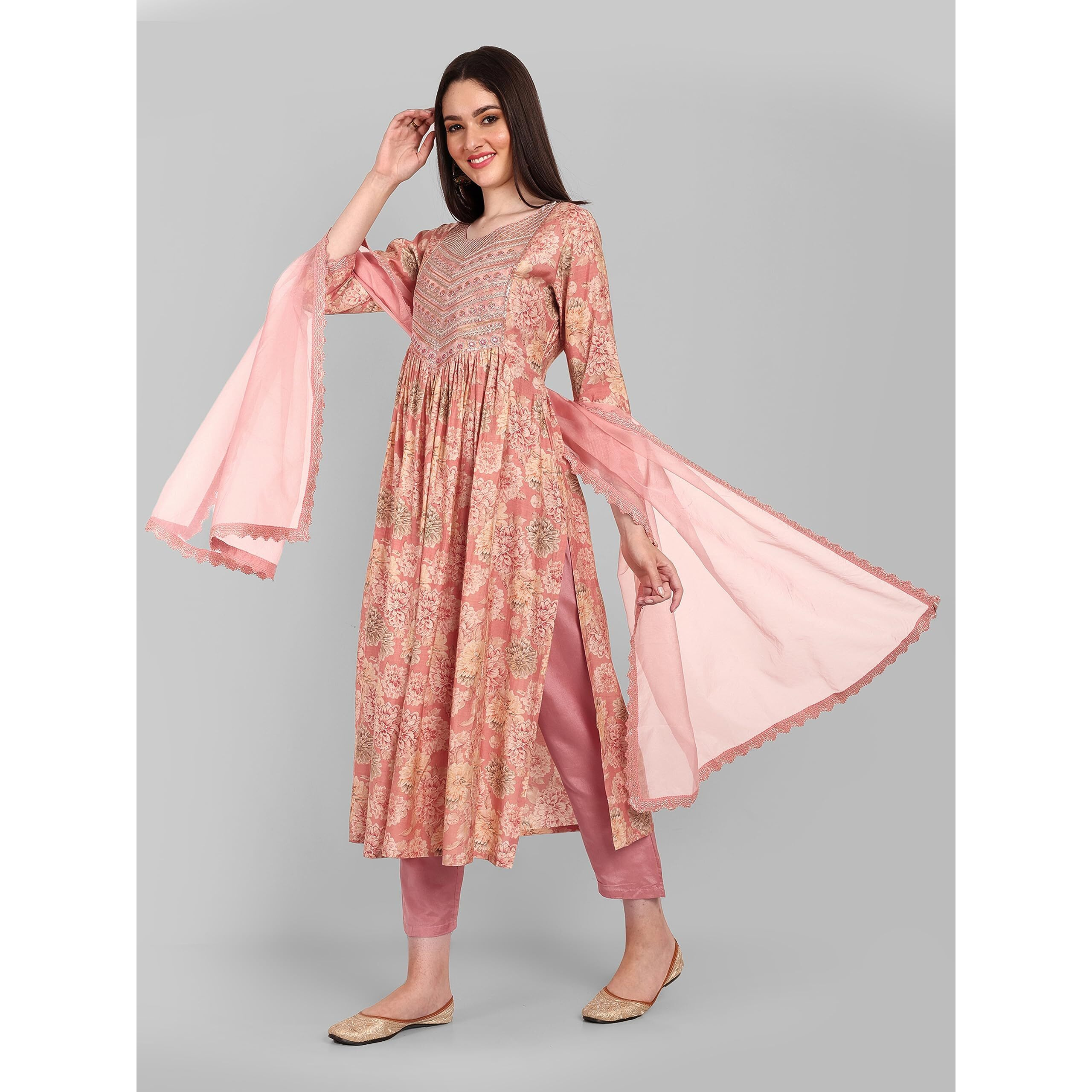 Naixa Women's Peach Chanderi Embroidered and Printed A-Line Kurta with Pant and Laced Organza Dupatta Set