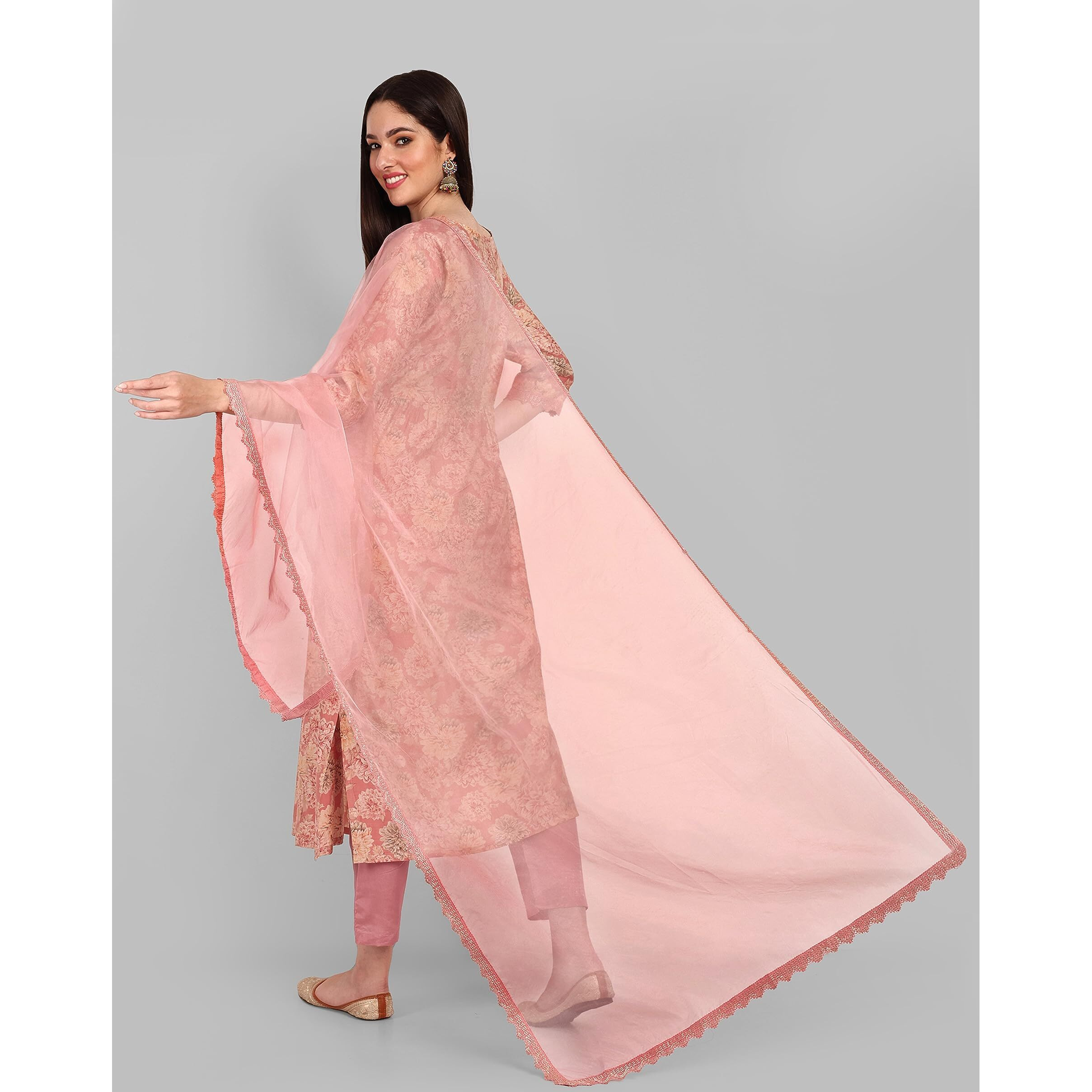 Naixa Women's Peach Chanderi Embroidered and Printed A-Line Kurta with Pant and Laced Organza Dupatta Set