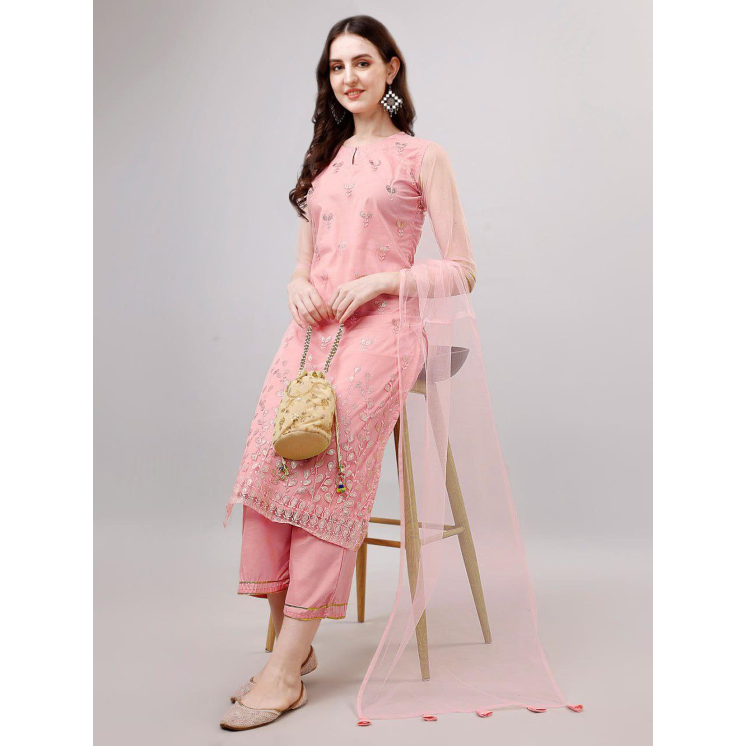 Modestouze Attires Women's Foil Printed Knee Length Kurti And Palazzo Set With Net Dupatta (MAK12FP) (XX-Large, Pink)