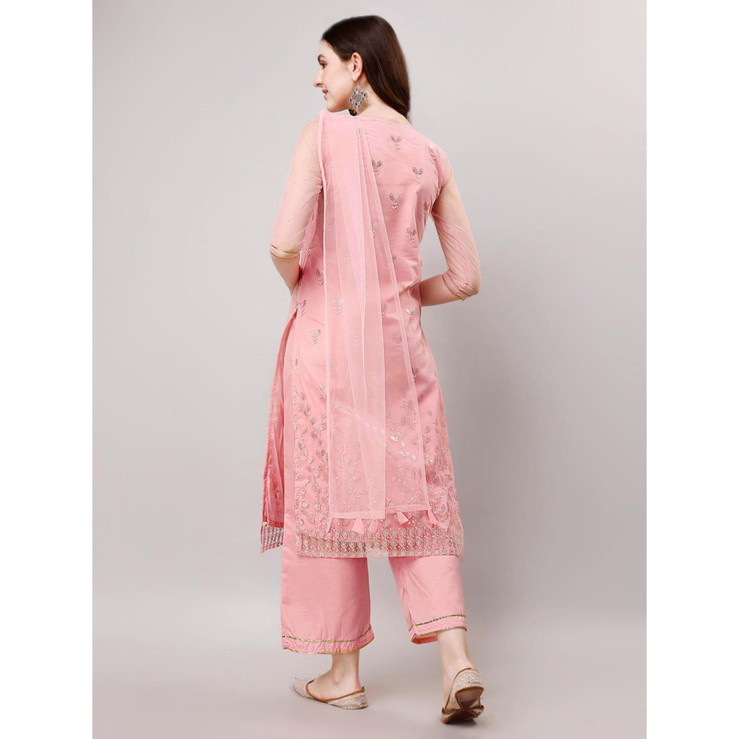 Modestouze Attires Women's Foil Printed Knee Length Kurti And Palazzo Set With Net Dupatta (MAK12FP) (XX-Large, Pink)