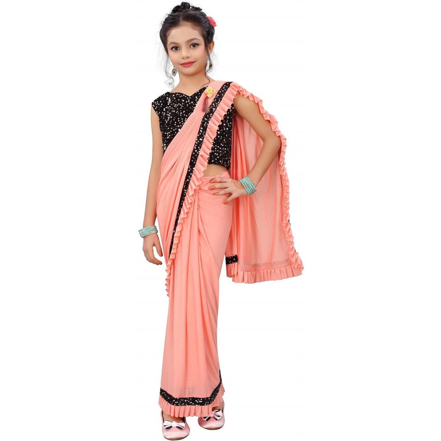 Dhyey fashion Girls Lycra Blend Ruffle Pattern Saree With Velvet Unstitched Blouse Piece