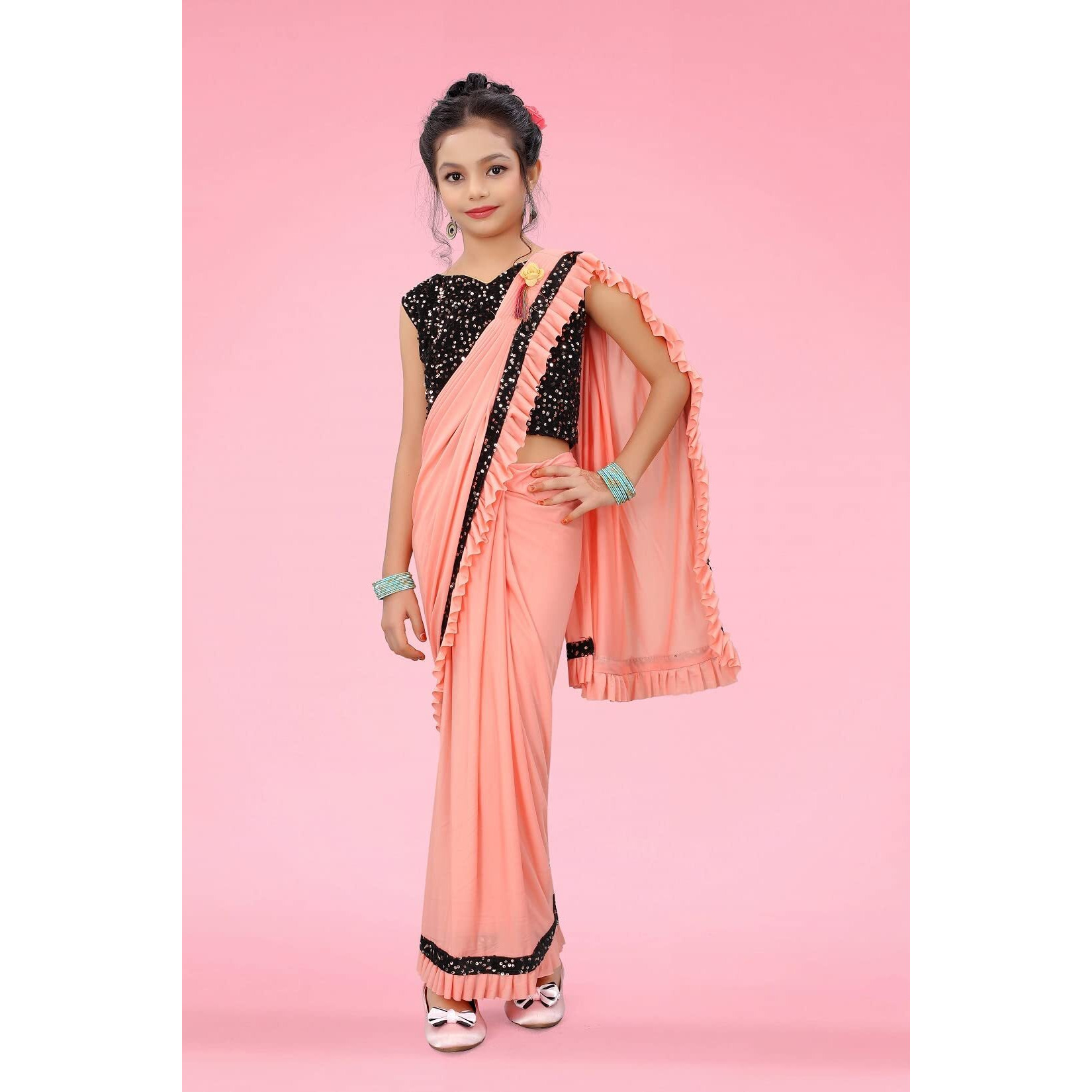 Dhyey fashion Girls Lycra Blend Ruffle Pattern Saree With Velvet Unstitched Blouse Piece