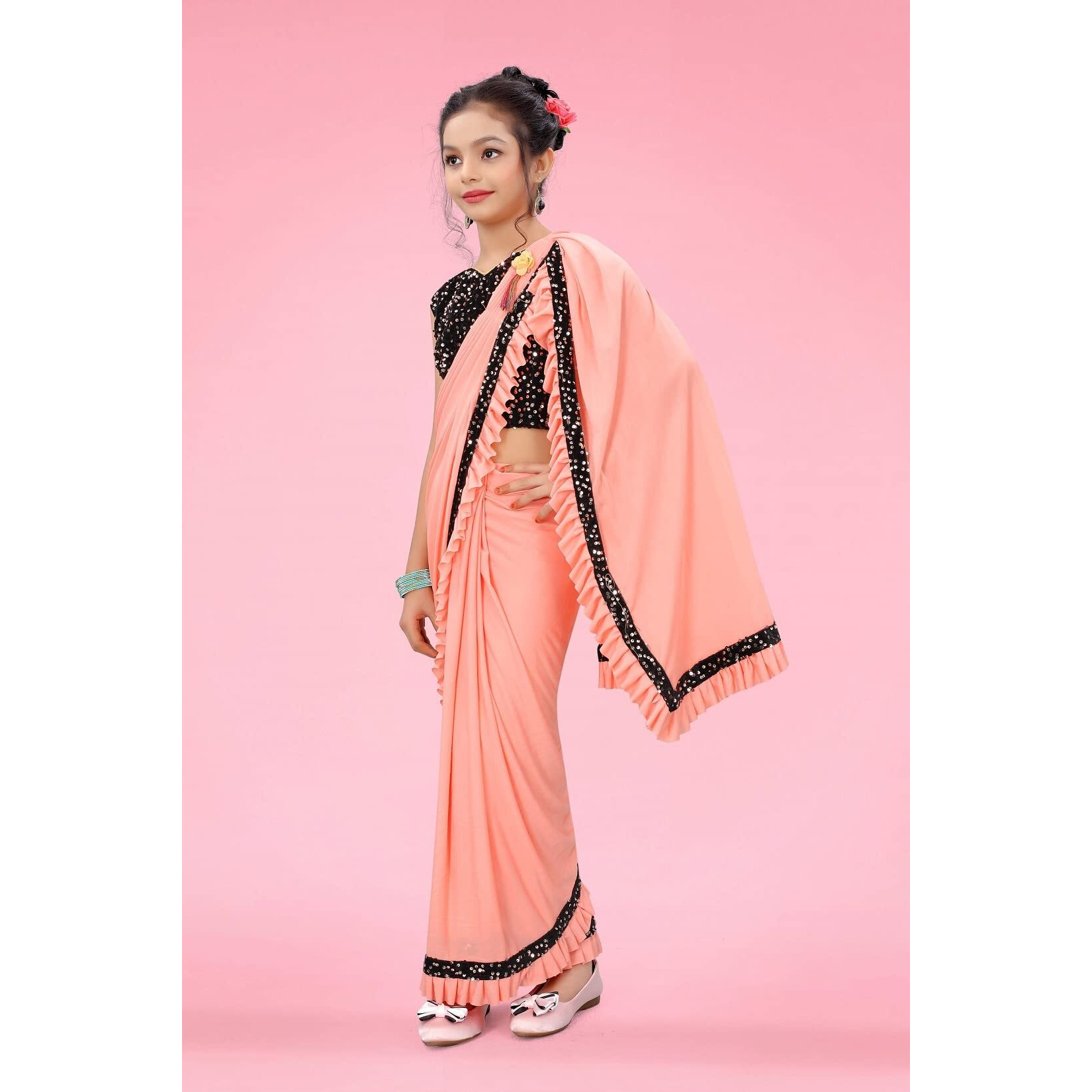 Dhyey fashion Girls Lycra Blend Ruffle Pattern Saree With Velvet Unstitched Blouse Piece