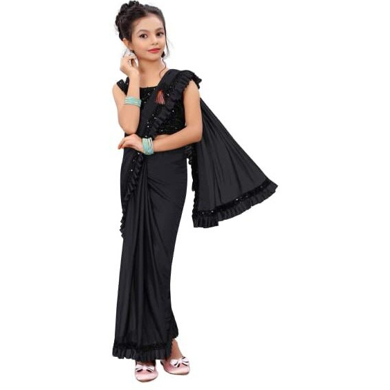 Dhyey fashion Girls Lycra Blend Ruffle Pattern Saree With Velvet Unstitched Blouse Piece