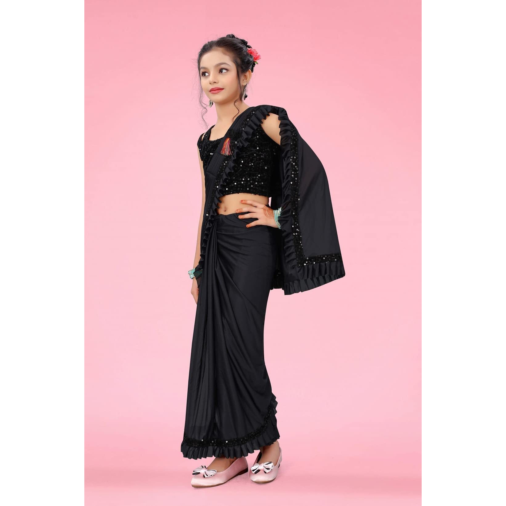 Dhyey fashion Girls Lycra Blend Ruffle Pattern Saree With Velvet Unstitched Blouse Piece