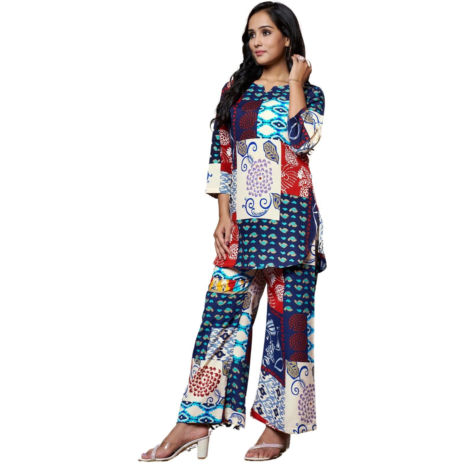 DHRUVI TRENDZ Womens Rayon Co-ord Set Regular Fit Kurta Set 2 (DT-K-W1706&TR799_Blue_L)