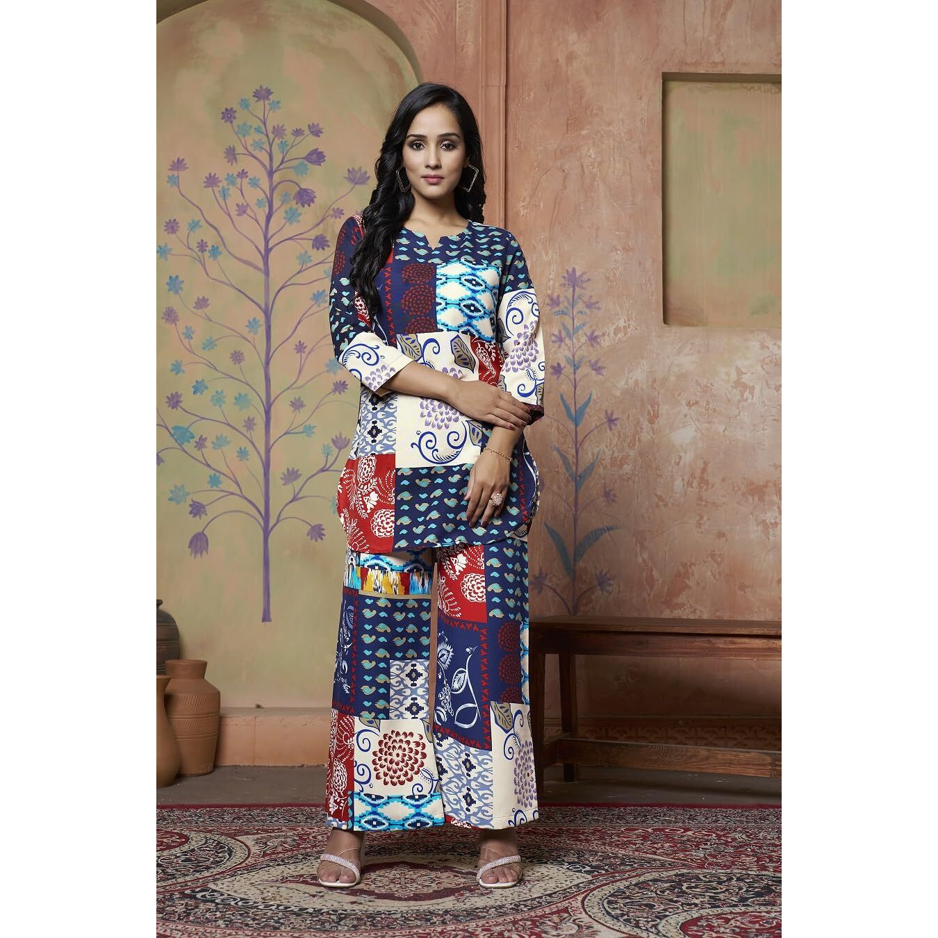 DHRUVI TRENDZ Womens Rayon Co-ord Set Regular Fit Kurta Set 2 (DT-K-W1706&TR799_Blue_L)