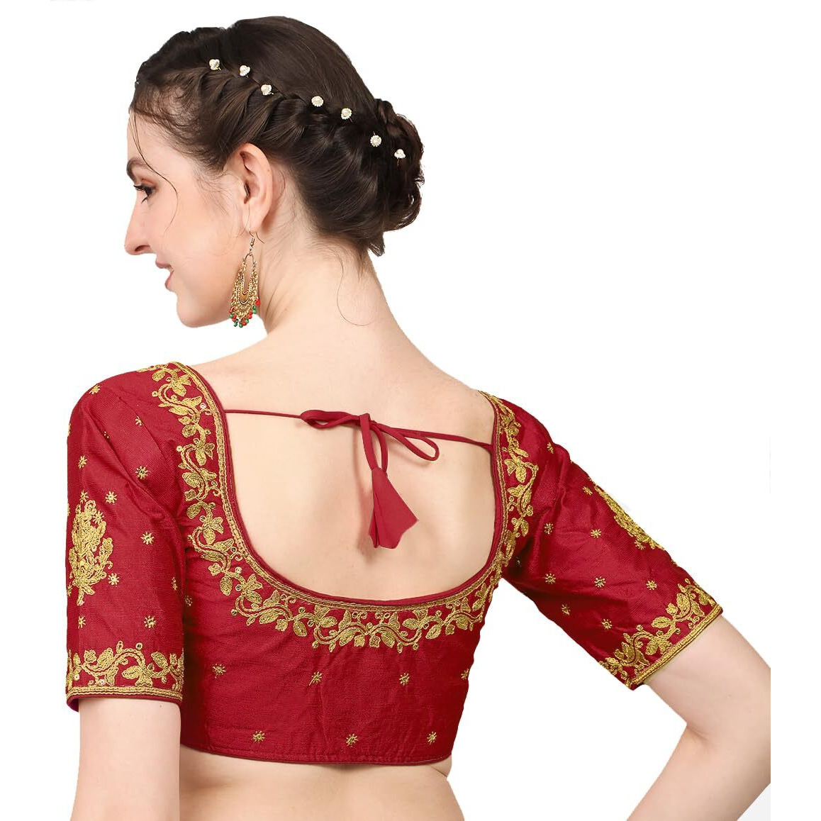 Pujia Mills Blouse Readymade Stylish Design Half Sleeve Blouse Readymade maggam Work Blouse for Women Saree Blouse Readymade Blouses for Women Readymade aari Work Blouse (Maroon Blouse, 38)