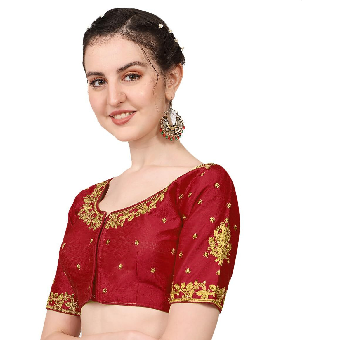 Pujia Mills Blouse Readymade Stylish Design Half Sleeve Blouse Readymade maggam Work Blouse for Women Saree Blouse Readymade Blouses for Women Readymade aari Work Blouse (Maroon Blouse, 38)