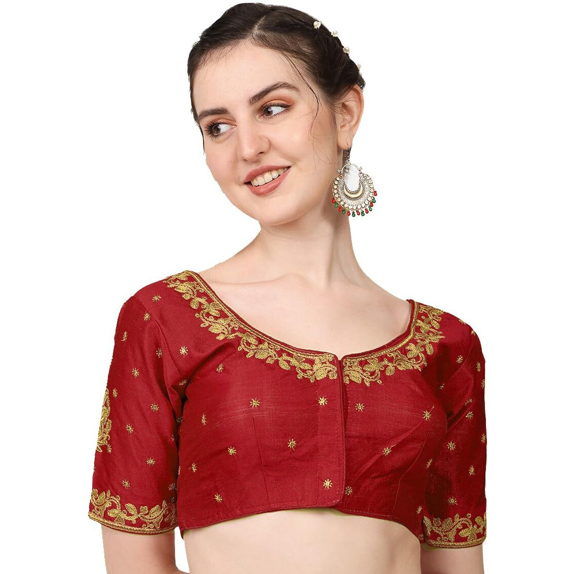 Pujia Mills Blouse Readymade Stylish Design Half Sleeve Blouse Readymade maggam Work Blouse for Women Saree Blouse Readymade Blouses for Women Readymade aari Work Blouse (Maroon Blouse, 38)