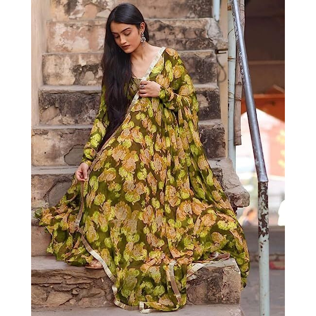Anveri Textiles Women's Gold Rose Georgette Printed Floral Maxi Gown with Duppatta | Lovely Gold Rose Floral Printed Georgette Anarkali Style Maxi Gown with Dupatta (18_GoldRose_4XL)